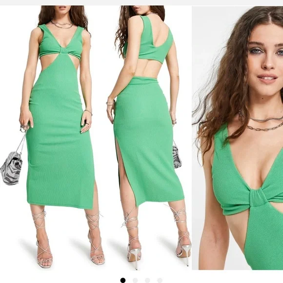 Topshop Cutout Tank Midi Dress in Mid Green at Nordstrom, Size Medium